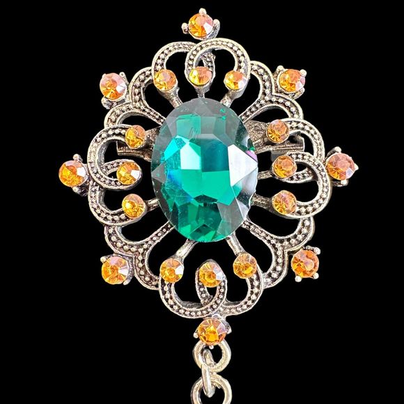 Retro Style Dangle teardrop Brooch Emerald Green Orange Crystal Rhinestones Pin - Picture 3 of 6